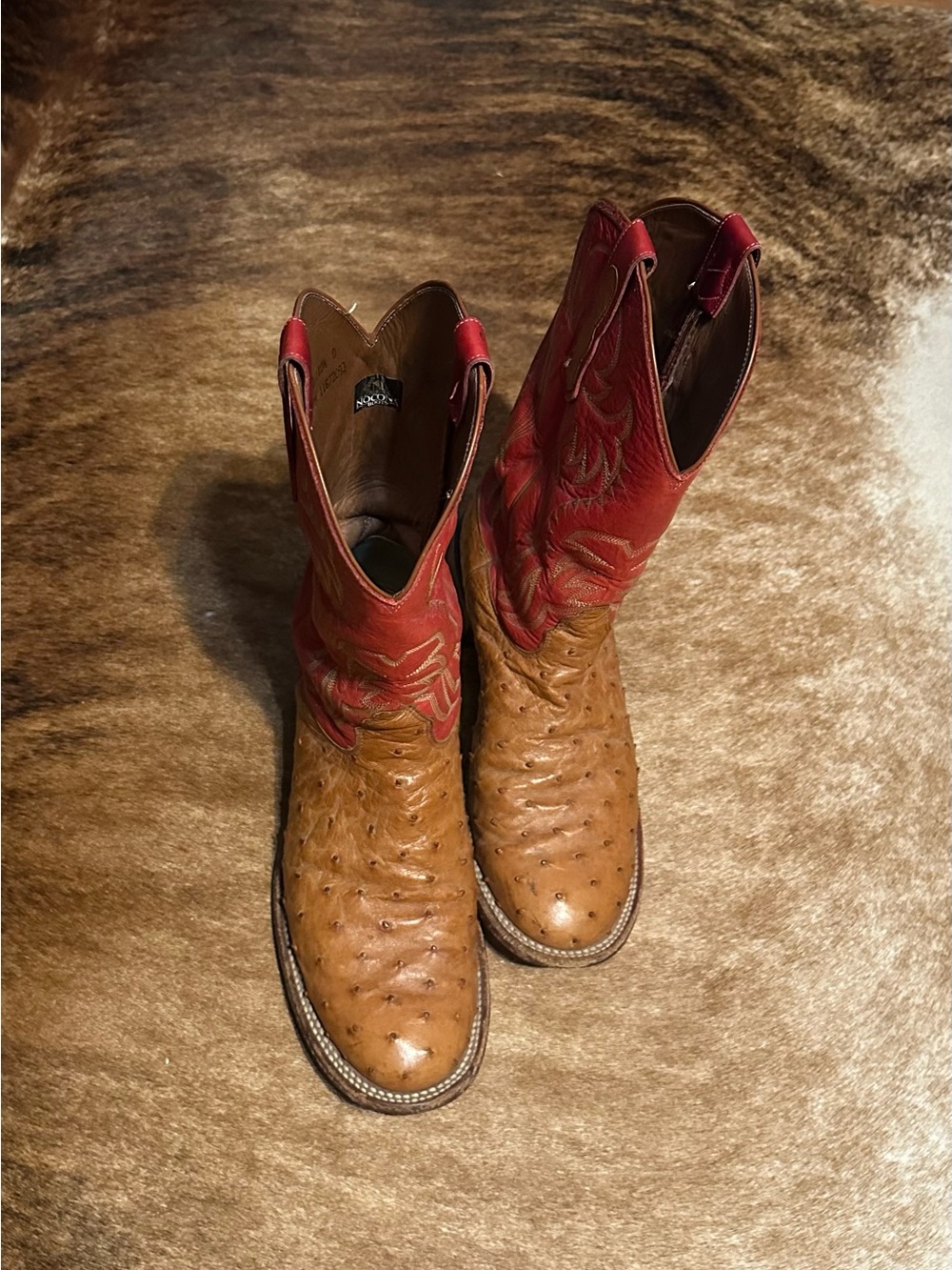 Tony Lama Tan Full Quill Ostrich with Red Embroidered Shaft Cowboy Boots